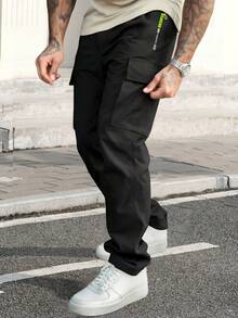 2pcs/Set Men's Long Pants Spring/Autumn Solid Color Sports Multi-Pocket Outdoor Cargo Pants Straight Leg Zipper Sweatpants - Black - View 2
