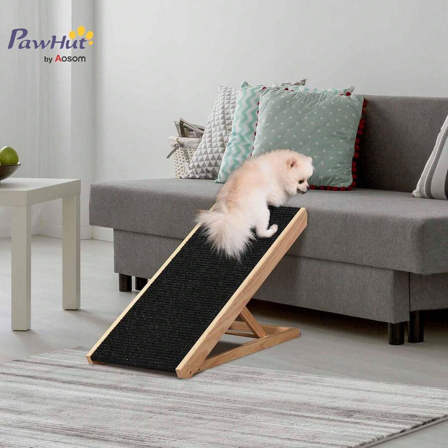 PawHut Pet Ramp For Bed And Couch, Foldable, 90 Cm, Black + Natural Wood | Pet Ramp, Wooden Ramp, 4 Adjustable Heights From 26 To 61 Cm, Non-Slip Pad, Dog Stairs, For Large Dogs Under 40 Kg