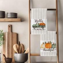 2PCS Kitchen Towels Valentine's Day Simple Striped Green Truck Pumpkin Print Microfiber Absorbent Kitchen Towels, 40*60cm Rectangular Dish Cloth, Tablecloth, Hand Towel, Kitchen Decor, Neighbor Housewarming Gift, Kitchen Napkins And Dish Cloth, Home Decor - Grey - View 9