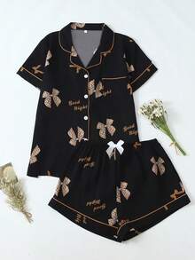 [Dreamery]Butterfly Print Women Bubble Crepe Short Sleeve Shorts Pajama Set - Black - View 1