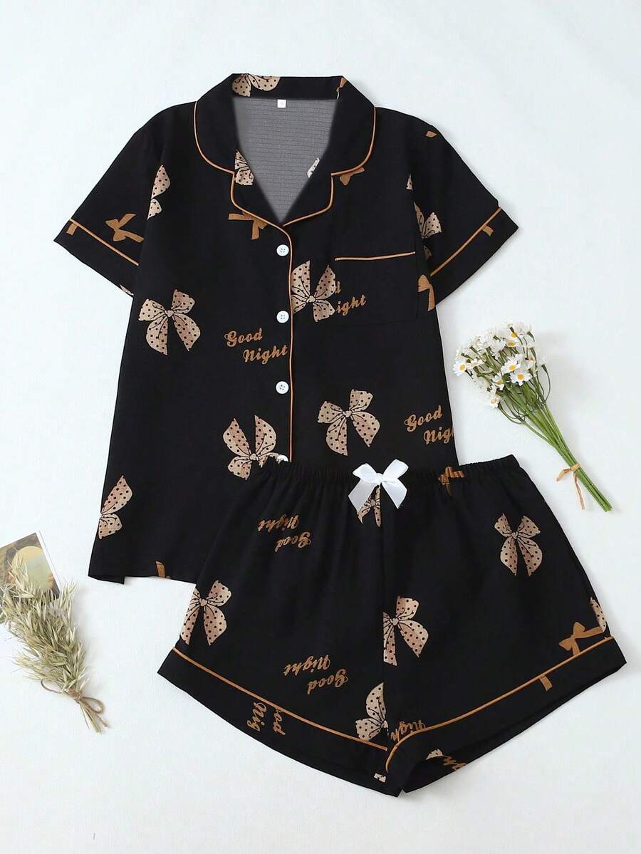 [Dreamery]Butterfly Print Women Bubble Crepe Short Sleeve Shorts Pajama Set - Black - View 1