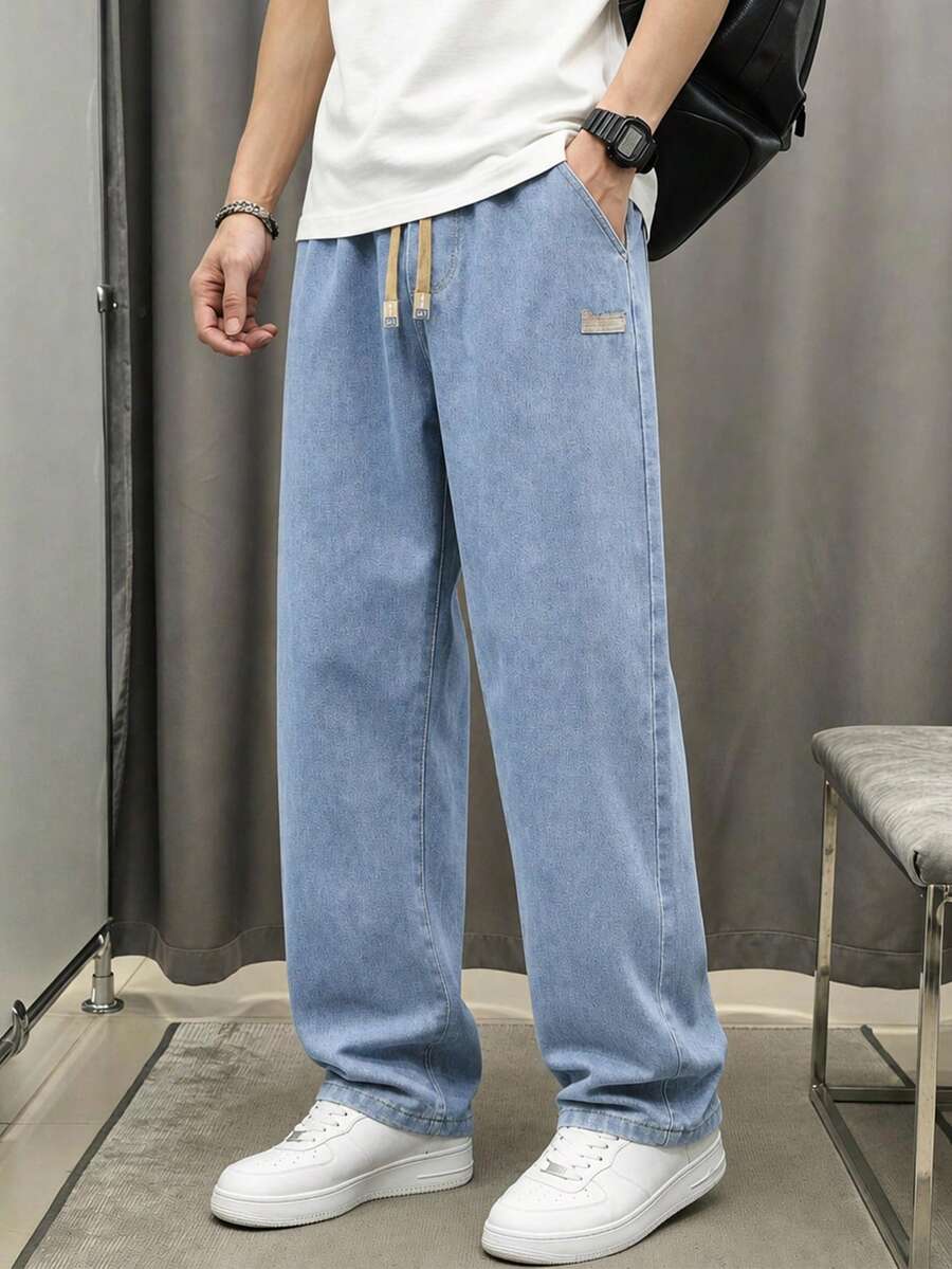 DAZY Men's Casual Drawstring Elastic Waist Washed Denim Pants For Daily Wear - Blue - View 1