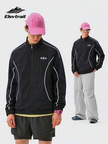 American Retro Sports Jacket With Curved Line Decoration, Stand Collar Zipper Front, Contrast Stitching And Small Logo, Ribbed Cuffs, Long Sleeve Casual Loose Streetwear Jacket For Men - Black - View 1