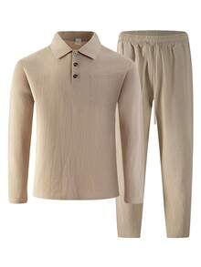 Setelan Linen Pria 2 Potong, Atasan Polo Lengan Panjang Warna Polos dengan Celana Tali Serut, Pakaian Kasual Streetwear - Khaki - View 2