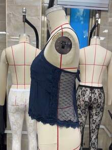 Women Summer Y2k Casual Lace Patchwork V-Neck Tank Top Fashionable Spaghetti Straps Open Back Crop Tops Sleeveless Tie Up Back T-Shirt Streetwear - 藍色 - 查看 6