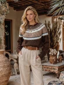 NiceArt Women's Round Neck Fair Isle Pattern Knit Sweater, Long Sleeve Colorblock Cable Knit Casual Pullover - Brown - View 1