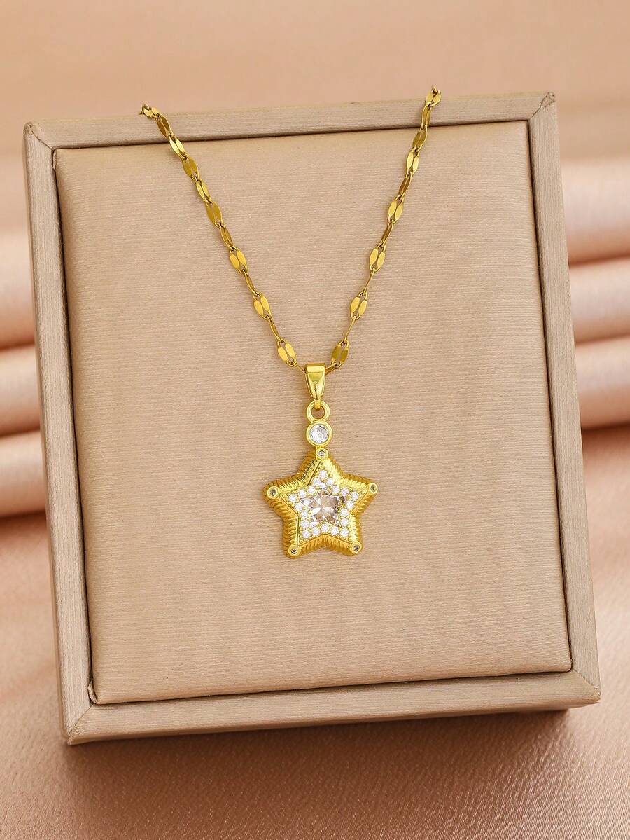 1pc Rhinestone Star Pendant Necklace With Crystal Star, Cute Fashion Jewelry, Suitable For Children's Party, Ball, Date And Daily Wear Gift - Gold - View 1