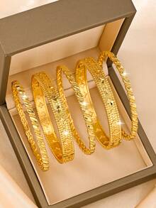 5pcs/Set 21K Gold Plated Banajer Bracelet Set, Rust-Resistant Gold Alternative, Clover & Star Shaped Precision Cut Rope Textured Bracelet, Exquisite Jewelry - 01 - View 9