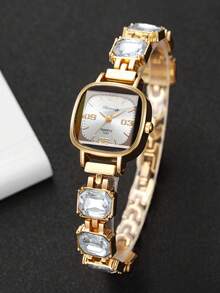 Women's Exquisite Square Digital Dial Bracelet Watch, Fashion Cut Rhinestone Inlaid Quartz Watch, Gift For Girlfriend (1pc/Set) Watch Box Not Included - White - View 6