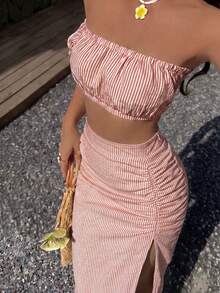 女款性感休閒可愛條紋抹胸抓皺開衩兩件式套裝 夏季紅色優雅 - 紅色 - 查看 1