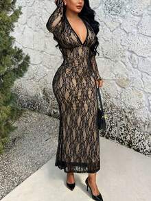 RNU Women's Black Sheer Lace Long Sleeve Mermaid Maxi Dress, - Black - View 6
