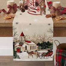 1pc Christmas Table Runner, Polyester, Vintage Rustic Style, Christmas Red House & Snowflake Design, Suitable For Winter Holiday Party Home Tabletop Decor,Home Decor,Christmas Decor,Party Supplies - Multicolor - View 10