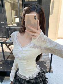 Sexy Style Lace Hollow Patchwork Bow T-Shirt Women Autumn/Winter Inner Layer Base Top Sexy Girl - Apricot - View 3
