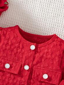 Baby Girls 2pcs/Set Valentine's Day Red Jacquard Button Design Long Sleeve Jacket & Bow Tulle Spaghetti Strap Dress, Sweet Princess Holiday Outfit Set - Red - View 9
