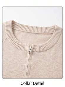 Women's Fall/Winter Gentle Style Solid Color Zip Up Crew Neck Knit Cardigan, Slim Fit Flattering Versatile Casual Top For Daily Office Commute Wear - Apricot - View 9