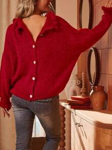 Women's Knitted Back Button Long Sleeve Cardigan Sweater, Autumn/Winter Style, Comfortable Regular Length - Red - View 6