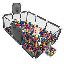 Centro de Actividades Infantil con Aro de Basquetbol, Corral Amplio para Pelotas, Cerco Modular para Interior y Exterior - Gris Oscuro - Ver 8