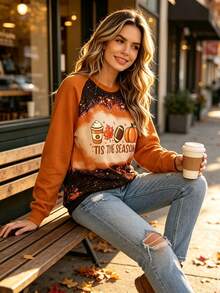Women's Halloween Sweatshirt Pumpkin Pattern Letter Print Casual Long Sleeve Crew Neck Top - Orange - View 3