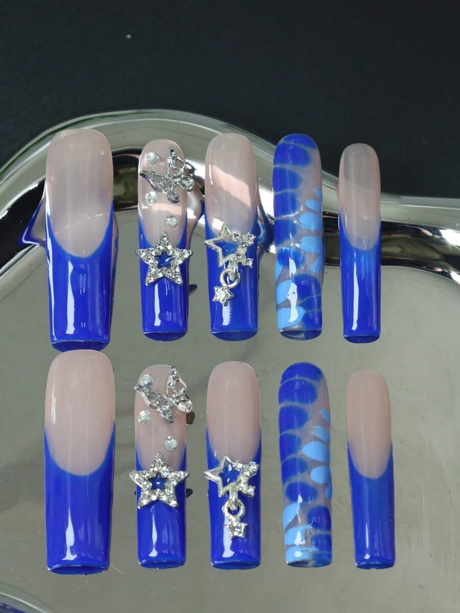CrystalHola 10pcs Handmade Fully Covered Coffin Nails Press On Nails,Y2K Sweet Style. Blue & Nude With Stars, Rhinestones, And French Tip Nails. Three Sizes, Fits Parties, Weddings And Wear Daily. Reusable, With Jelly Glue & Nail File. A Great Gift For Girls - Multicolor - View 1