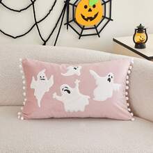 1pc Halloween Embroidered Applique 4 Floating Ghosts Pillow Case, Soft Velvet Fabric + White Pom Poms, Suitable For Modern Country Style Indoor Decor Sofa Cushion Cover, Seat Cushion Cover, Everyday All-Season Decorative Pillow Case, Without Insert - Pink - View 8