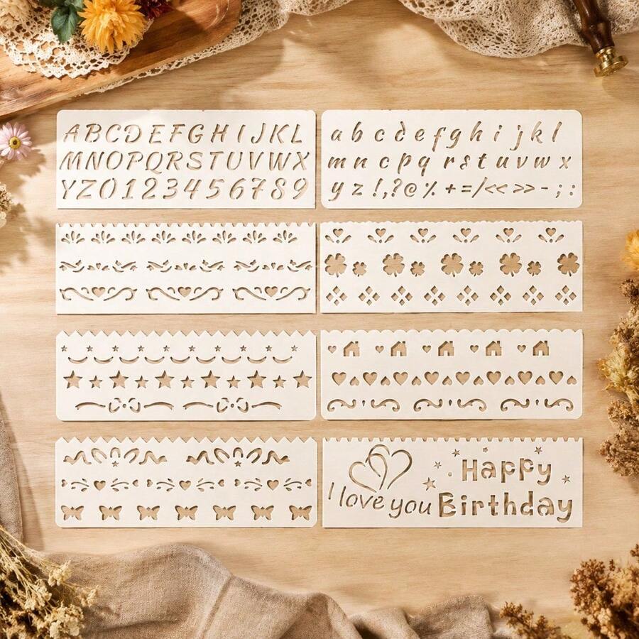 8 Pcs Uppercase Lowercase Alphabet Number Symbol Pattern Painting Stencils, Reusable PET Plastic Templates For Wood Signs Wall Fabric Canvas DIY Crafts - Sets - View 1