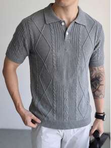 Men's Unisex Polo Collar Knit Top, Casual Business Commute Loose Fit Short Sleeve Pullover T-Shirt, Spring/Summer - Dark Grey - View 3