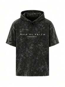 Men's Casual American Vintage Letter Print Washed Hooded Short Sleeve T-Shirt | Daily Wear | Casual Commute - Black - View 3