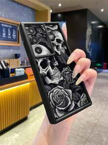 1pc Fashionable Black Rose Skull Pattern Lens Protection Thick Anti-Fall Anti-Fingerprint Black Diamond Sand Phone Case, Strong Protection, High Fashion, Suitable For Men And Women, Ideal Choice For Fashion Enthusiasts, Minimalist And Stylish, Compatible With Apple/Transsion/HONOR/ - Black - View 7