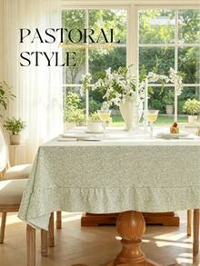 1pc Tablecloth With Scalloped Lace Trim, Polyester Fabric, Light Green Floral Pattern, Rectangular/Square Tablecloth, Suitable For Dining Room And Living Room Tabletop Decoration - Light Green - View 6