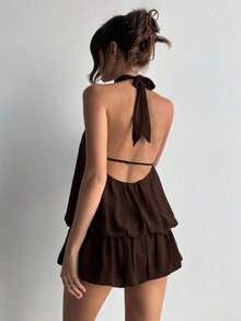 Mono Corto Elegante de Cuello Halter para Mujer, Color Negro Sólido Sin Mangas Estilo Casual Verano - Marrón - Ver 2