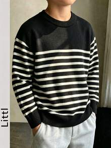 Tween Boys Color Block Striped Crew Neck Knit Sweater, Soft Long Sleeve Basic Pullover Jumper For Fall Winter School Daily Wear - Black - View 1