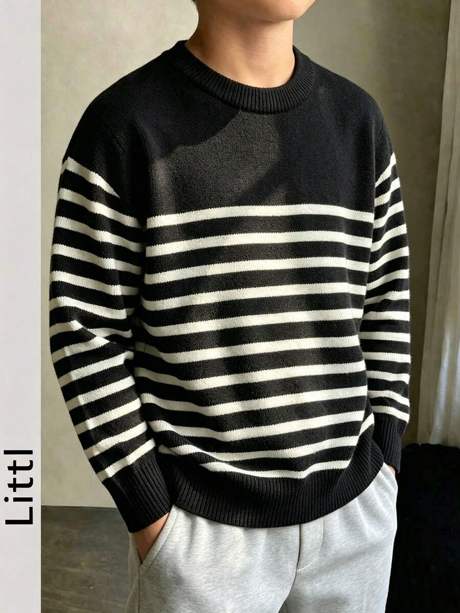 Tween Boys Color Block Striped Crew Neck Knit Sweater, Soft Long Sleeve Basic Pullover Jumper For Fall Winter School Daily Wear - Black - View 1