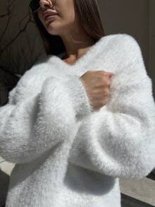 Women's Long Cardigan Sweater, Casual Minimalist Autumn/Winter Long Sleeve Knit Cardigan - White - View 4