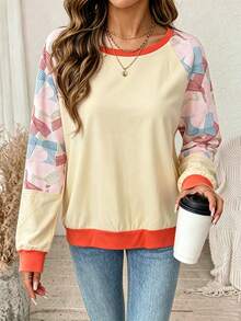 Plus Size Women's Long Sleeve T-Shirt, Round Neck Raglan Sleeve Design, Creating A Autumn Look Casual - Champagne - View 1