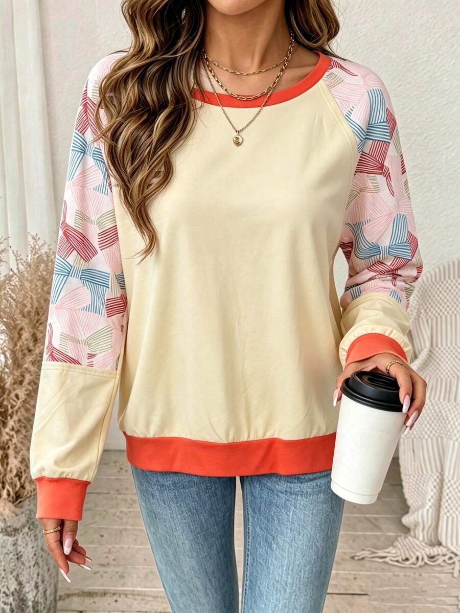 Plus Size Women's Long Sleeve T-Shirt, Round Neck Raglan Sleeve Design, Creating A Autumn Look Casual - Champagne - View 1