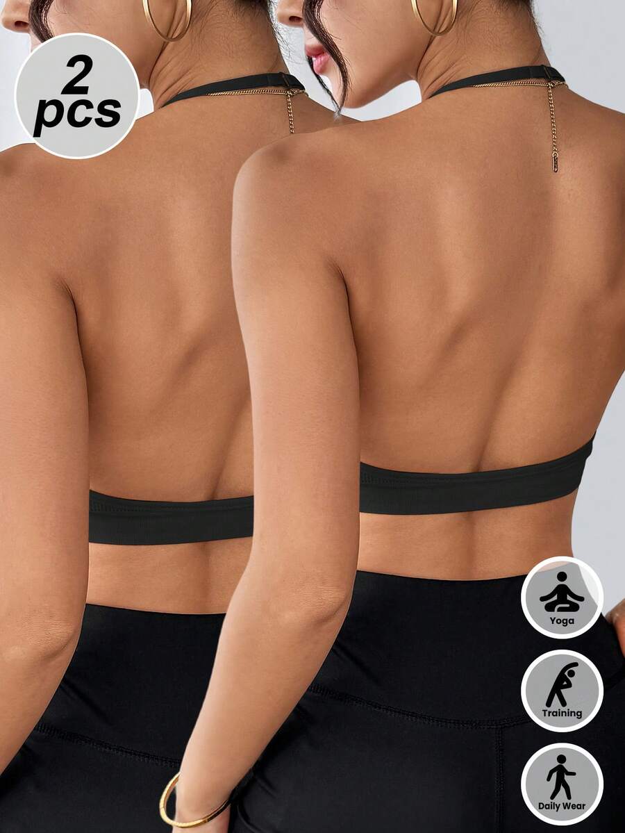 2pcs Seamless Ribbed Openback V‑Neck High Stretch Sports Bra, Removable Pads Fitness Tank Top, Soft Comfortable Breathable Yoga Bra - Black - View 1