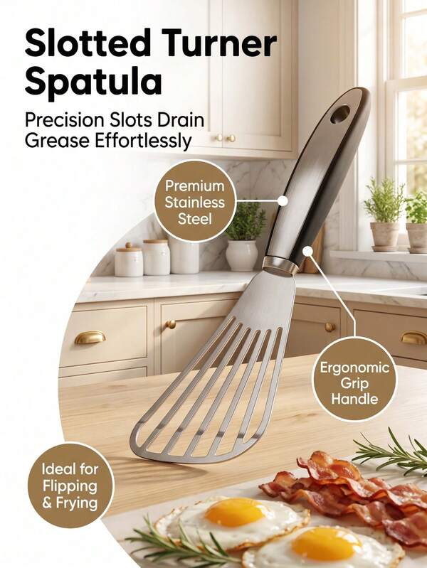 Stainless Steel Slotted Turner Spatula, Ergonomic Non‑Slip Heat Resistant Handle, Hanging Hole Design, Suitable For Flipping Egg Bacon Steak Frying Cooking.