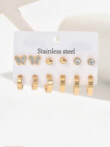 1 Set Minimalist Fashion Stainless Steel Stud & Hoop Earrings Set For Women, Versatile Daily Wear - Multi-color a - View 3
