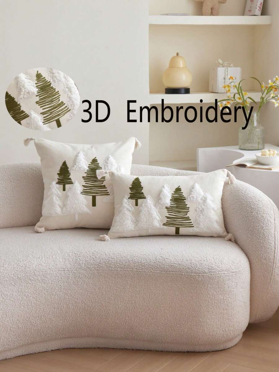 LCUHPCL 1 buah Sarung Bantal Bordir 3D Gaya Bohemian Motif Pohon Pinus & Gunung Bersalju, Dekorasi Rumah untuk Sofa, Ruang Tamu, Kamar Tidur, Ruang Makan, dan Lainnya