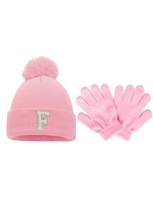 3pcs/Set Baby 26 Letters Pattern Knitted Hat And Gloves Set, Warm And Cute, Suitable For Autumn/Winter Outdoor Use, Can Be Used As Birthday Gift - Pink - View 8
