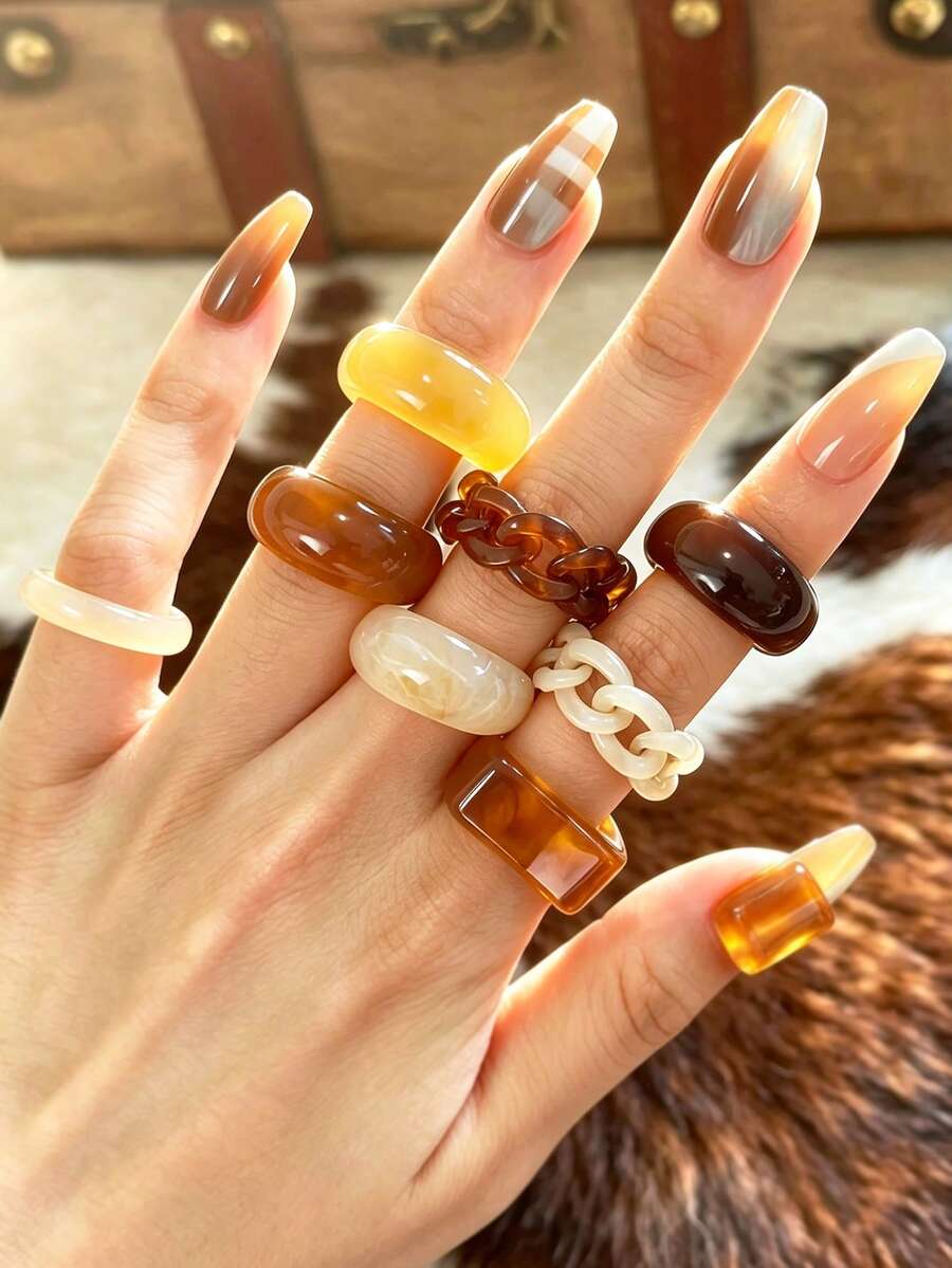 8pcs Vintage Casual Fashion Women's Maillard Color Tone Rings Set, Suitable For Daily Wear, Dating, Layering - Multicolor - View 1
