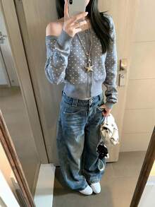 Women's Polka Dot Knit Cardigan, Off-Shoulder Design, Waist-Cinching Slim Fit, Long Sleeve Sweater, Suitable For Early Autumn - Grey - View 1