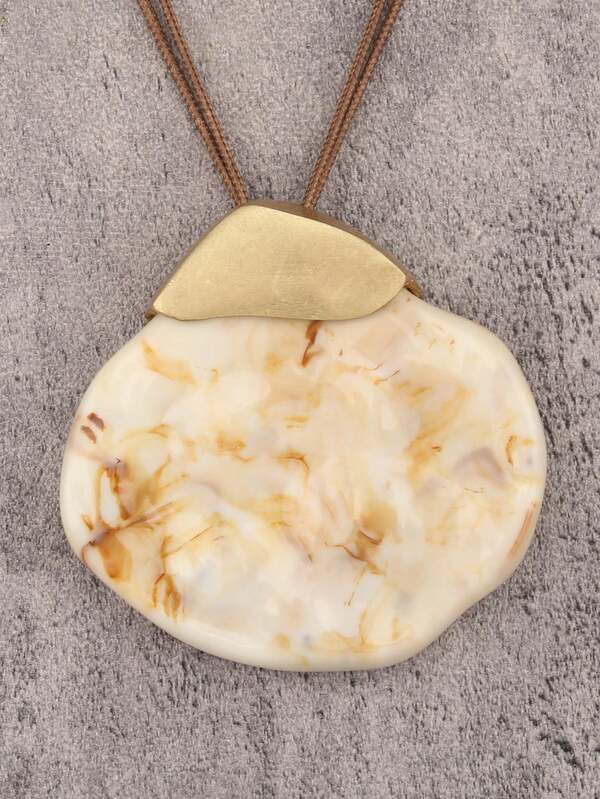 1pc Exaggerated Bold Asymmetrical Resin Stone Texture Metal Spliced Pendant Necklace, Bohemian Braided Wax Cord Long Sweater Chain, Christmas Travel Halloween Party Personalized Jewelry, Unisex Couple Necklace, Daily Date Outfit, Gift For Girlfriend/Boyfriend
