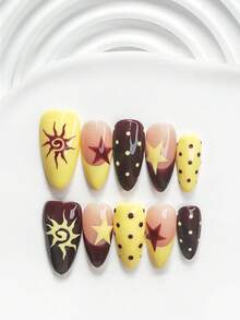10片裝 Maillard 熱辣女孩風手工穿戴甲，Polygel 凝膠美甲套組，星星圖案，棕色與黃色指甲油，俏皮復古風，含美甲工具，3種尺寸可選，方形、短方形、杏仁形，適合派對、跳舞、日常配戴 - 彩色 - 查看 12