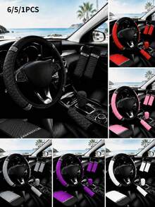 6/5/1pc Set Shiny Car Interior Accessories, Rhinestone Steering Wheel, Handbrake And Gear Shift Cover, Shoulder Pad, 15 Inch Rhinestone Leather Steering Wheel Cover, Soft And Elastic, Universal Fit, Suitable For Women - Style B - View 2
