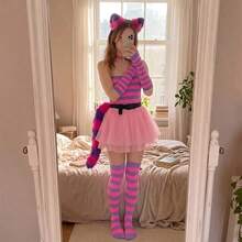 Halloween Cat Costume Accessory Set, Includes Fluffy Tail, Ear Headband, Faux Leather Collar, Suitable For Cosplay - Pink Purple Stripes - View 9