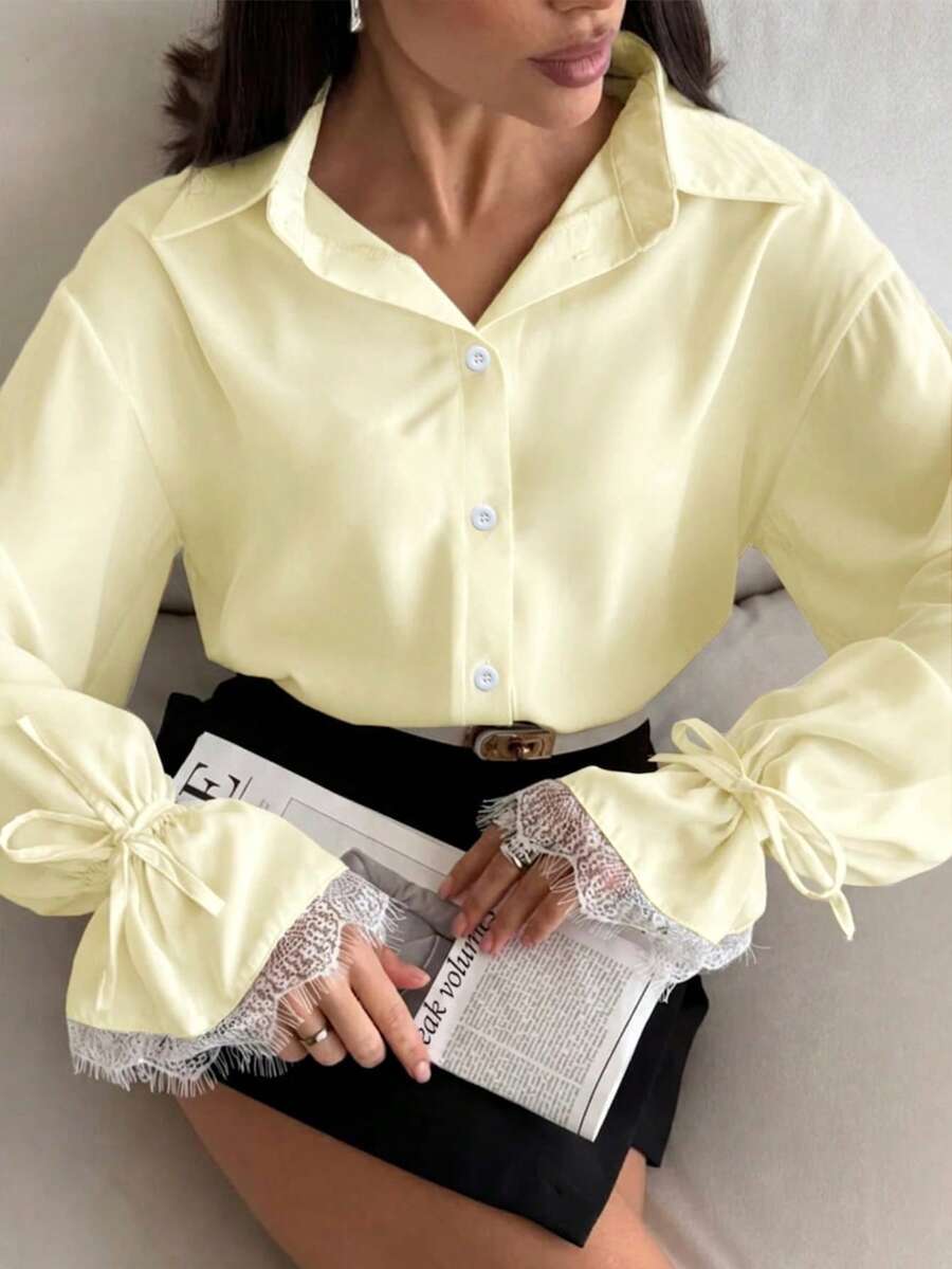 女款春夏純色襯衫,蕾絲滾邊袖口,優雅休閒女式襯衫,適合休閒與通勤穿著 - 淺黃色 - 查看 1