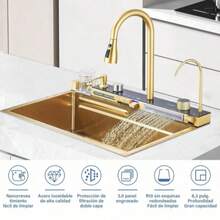 LY Lava-platos de cocina: un lava-platos de estilo moderno con salida de agua tipo cascada, que incluye un grifo mezclador tres en uno, un grifo con filtro, una pantalla LED, un dispensador de jabón líquido, una conexión para lavavajillas y un panel de control tipo piano.(75 cm x 45 cm x 21 cm) - Oro cepillado - Ver 9