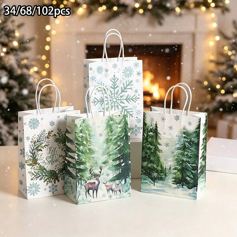 34/68/102pcs Christmas Gift Bags With Handles, Bags For Christmas Bags, Party Favors,Includes Christmas Stickers - F - View 1