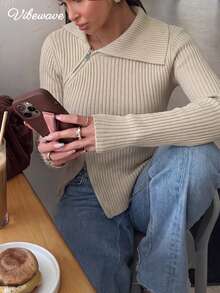 VIBEWAVE Slim Fit Diagonal Zipper Large Collar Ribbed Knit Top, European And American Hot Girl Minimalist Style Vertical Stripe Long Sleeve Sweater, Spring Autumn Coffee Shop Visit Commute Slimming Elastic Knit Sweater - Apricot - View 3